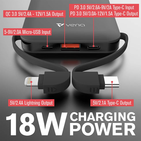 VENA 10,000 mAh Portable Battery Charger with Built-in USB-C & MFI Lightning Cable, 4 Output 2 Input (Quick Charge 3.0 & Power Delivery) 18W High ...