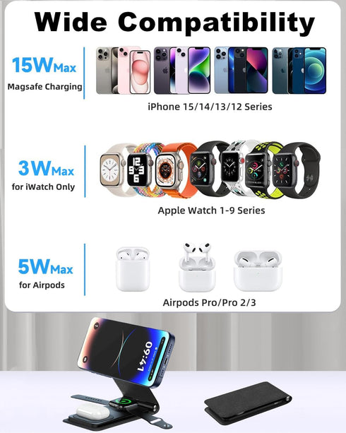 Foldable Magnetic Wireless Charger, Leather 3-in-1 Charging Station for Multiple Devices Apple, Fast Travel Mag-Safe Charger Stand for iPhone 15 1...
