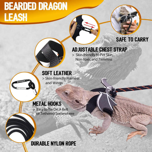 Adjustable Lizard Leather Leash Harness and Bearded Dragon Carrier Sling, Reptile Small Pet Training Leashes and Beardie Snuggle Sling Bag for Out...
