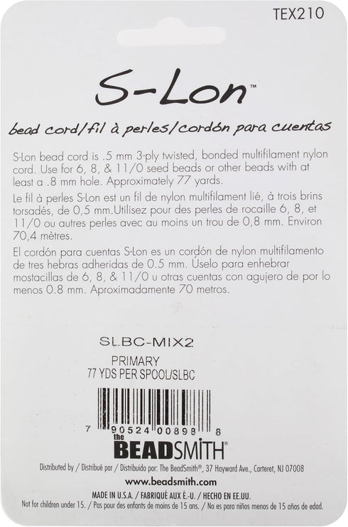 The Beadsmith S-Lon #18 Nylon Cord – Primary Mix – Tex210 Cord, 5mm Diameter, 4-Pack, 77 Yard Spools – for Stringing Beading Crochet, Micro-Macram...
