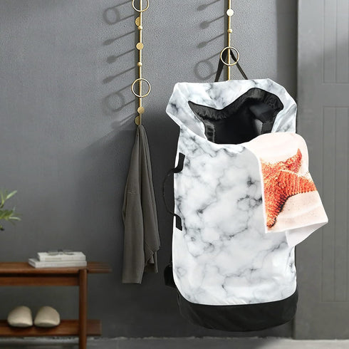 White Marble Laundry Bag Large Heavy Duty Laundry Backpack for College Students Laundry bag with Shoulder Straps Washable for Camp Traveling Water...