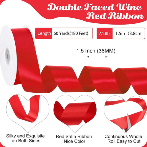 Double Faced Red Satin Ribbon, 60 Yards 1-1/2 Inch Red Ribbon for Gift Wrapping Crafts Flower Bouquet Wedding Party Birthday Decoration...