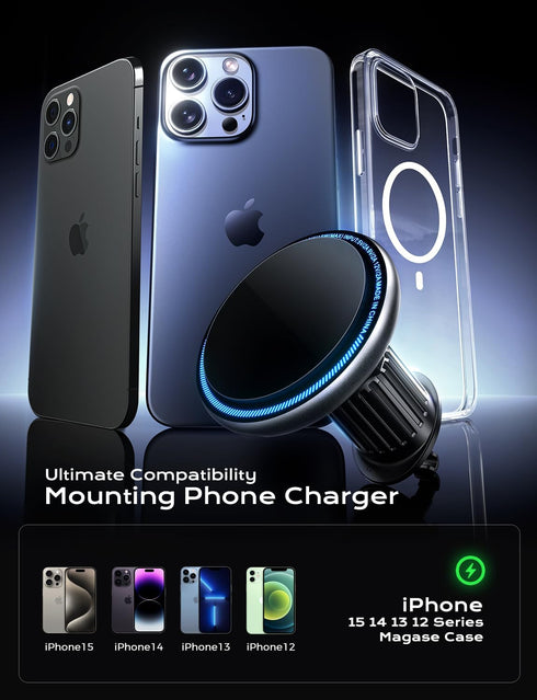 Magsafe Car Mount Charger, 15W Fast Charging LED Magnetic Wireless Car Charger, Air Vent Phone Holders for Your Car Magsafe Car Phone Holder for i...