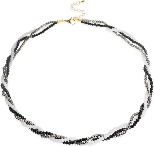 Black White Silver Gemstone Crystal Beaded Layered Choker Necklaces for Women, Dainty Y2k Handmade Triple Stone Beads Chain Twisted Necklace Beach...