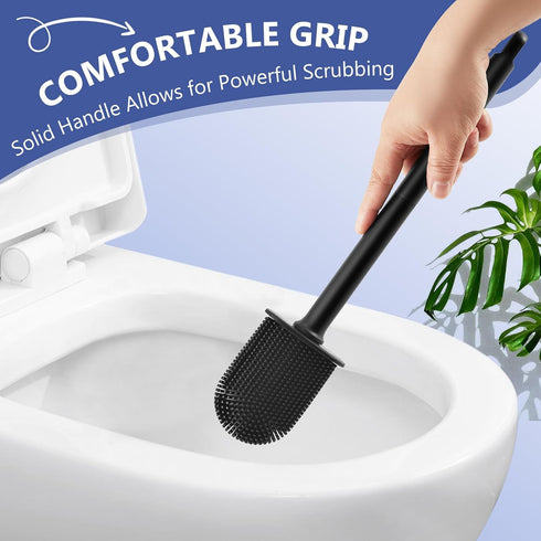 Toilet Brush and Holder, Flexible Silicone Toilet Bowl Brush for Bathroom Deep Cleaning, Toilet Cleaner Brush Set, Wall Mounted/Floor Standing, Bl...