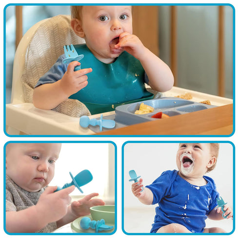 Silikong Silicone Utensils, Baby Fork and Spoon Set, Training Utensils, Baby Led Weaning Stage 1 for Ages 6 Months (Blue)...