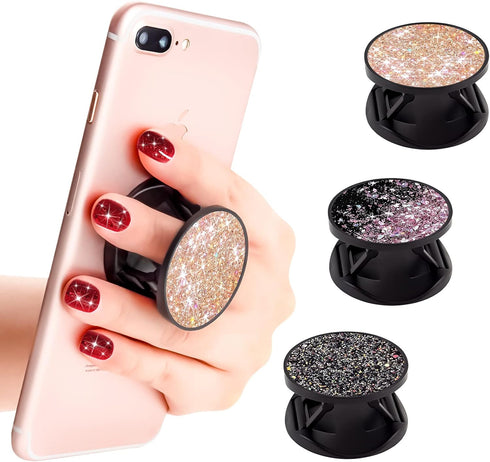 New Version Phone Holder 3 Pack Black Purple Pink Glitter Art Expanding Grip Stand Finger Holder for Smartphone and Tablets...