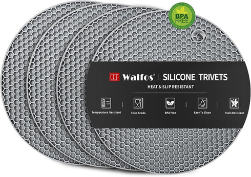 Walfos Silicone Trivet Mats - 4 Heat Resistant Pot Holders, Multipurpose Non-Slip Hot Pads for Kitchen Potholders, Hot Dishers, Jar Opener, Spoon ...