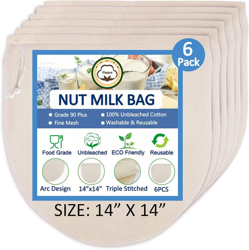 6 Pack 14"x14" Nut Milk Bags - 100% Unbleached Cotton, Food Strainer, Reusable Cheesecloth,Straining Almond/Oat/Soy Milk, Cold Brew Coffee, Cloth ...
