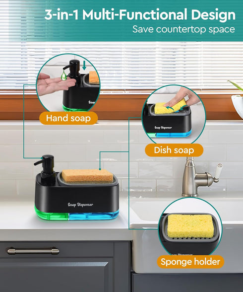 Kitchen Dish Soap Dispenser Set?Dish and Hand Soap Dispenser with Sponge Holder, 3-in-1 Countertop Sponge Dual Soap Pump Dispenser for Kitchen Sin...