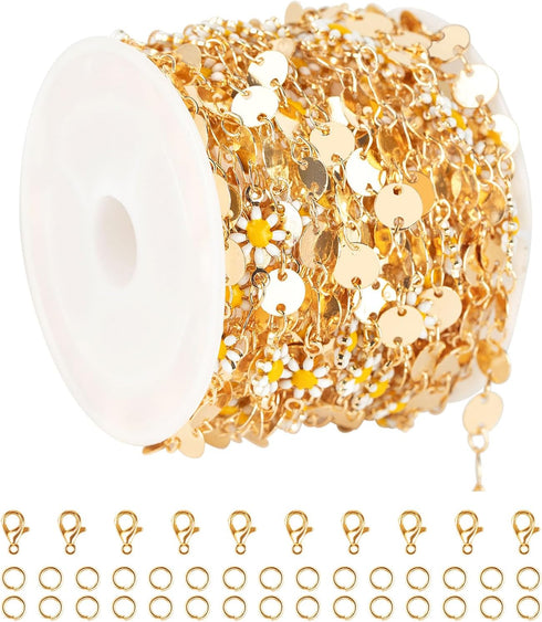 YOUBEIYEE 16.4 Feet Gold Plated Chain for Jewelry Making Brass Sequin Link Chain Roll White Daisy Chain Necklace Bracelet DIY for Women...