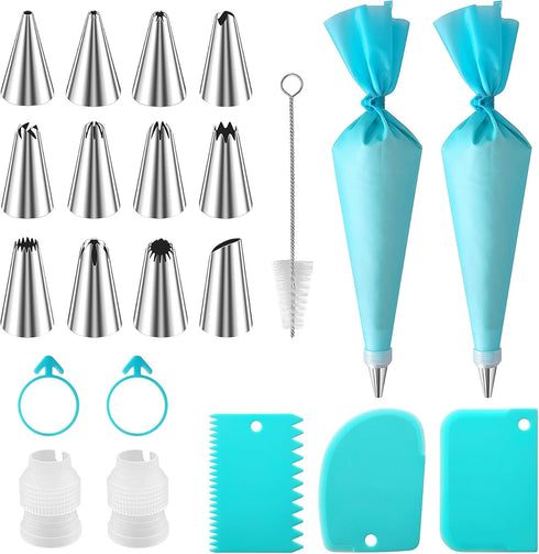 ALLTOP Piping Bags and Tips Set -Ultimate Cake Decorating Supplies Kit - Included 2 Reusable Silicone Bag, 2 Couplers, 12 Frosting Tips, 2 Ties, 3...