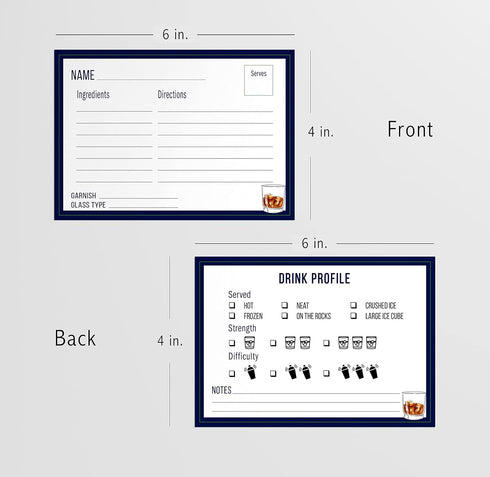 Cocktail Recipe Cards, 4x6 Inches, 50 Fill-in-the-Blank Cards for Recipe Box, Made in the USA (On The Rocks)...