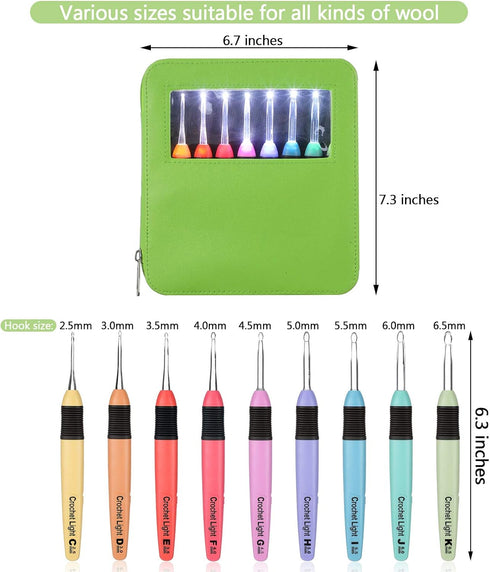 9 Pieces Lighted Crochet Hooks with Case LED Light Crochet Hooks Set Knitting Needles Craft Yarn Weaving Needles Comfortable Smooth Handle for Kni...