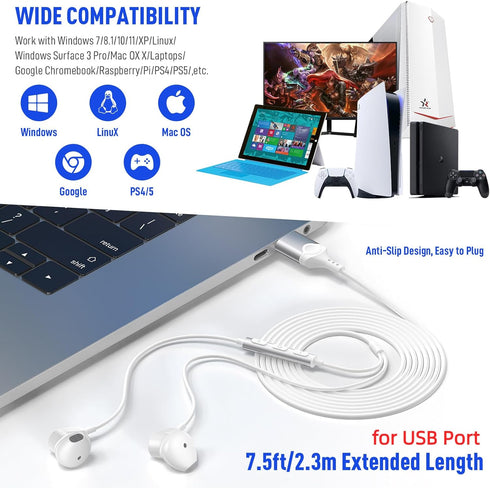 USB Headphone for PC Laptop Magnetic Wired Earbuds Computer Headset with Microphone Control Mute Mic Lightweight Noise Canceling in-Ear Corded Gam...