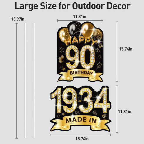2Pcs 90th Birthday Yard Sign Decorations with Stakes, Large Size 16'' Black Gold Happy 90th Birthday Made in 1934 Waterproof Outdoor Lawn Signs De...