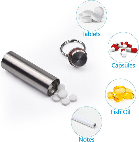 aiGear Stainless Steel Mini Pill Case Inner Diameter 0.48 Inch with Necklace Light Weight Pill Holder Waterproof Small Keychain Pill Box for EDC O...