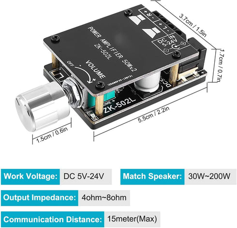 ZK?502L Bluetooth Power Amplifier Board 5.0 Stereo Audio Receiver Dual Channels Digital Audio Amplifier Module for DIY Speakers 5-24V...