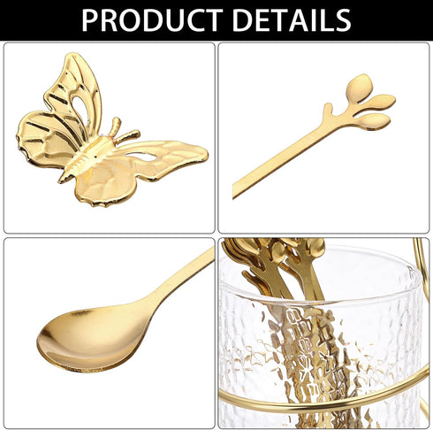 ELLDOO Coffee Spoon Set, Clear Glass Holder with 8 Stainless Steel Gold Leaf Coffee Spoons, Creative Flatware Set for Stirring, Mixing, Sugar, Ice...