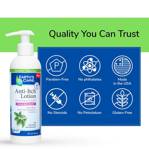 Earth's Care Anti Itch Lotion - Steroid Free - Soothes Sunburns, Dry and Itchy Skin, and Minor Skin Irritation, FL. 8 OZ...