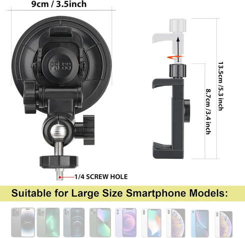 Heavy Duty Super ?90mm Suction Cup + Adjustable Dual-Ball-Head Action Camera Dash Cam Phone Car Mount Windscreen Window Cockpit Holder for GoPro i...