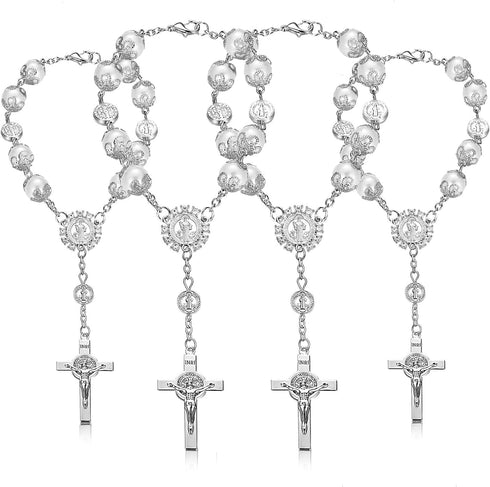 Saint Benedict Car Rosary 4 Pcs White Rearview Mirror Auto Rosary Hanging Personalized Car Cross Blessing Catholic Car Medal for Truck Bike Motorc...