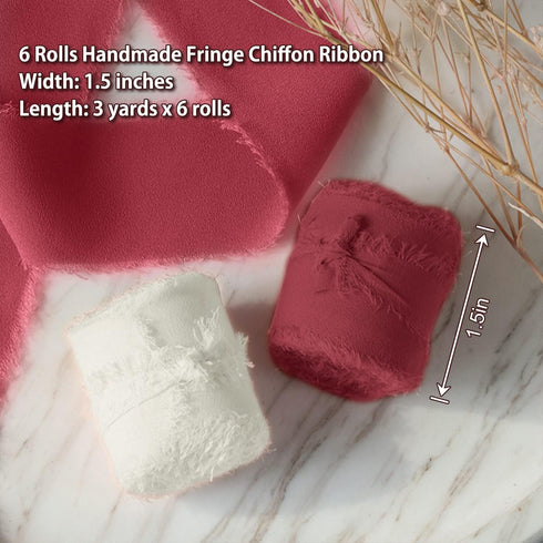 Chiffon Ribbon 6 Rolls Handmade Fringe Chiffon Silk Ribbon 1.5" x 3Yd Blush Pink Dark Red Ribbon Frayed Edges Boho Fabric Ribbon for Gift Wrapping...