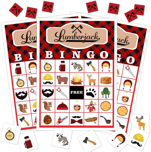 Lumberjack Party Bingo Game, 24 Player Woodland Bear Bingo Cards Set for Family Friend Activity, Gender Reveal Party Favor Decoration Holiday Supp...