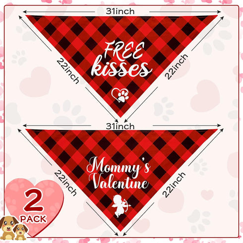 2 Pieces Valentines Day Dog Bandana Buffalo Plaid Valentine Scarf Red Black Checked Puppy Bandanas Personalized Dog Bandana Custom Dog Bandana for...