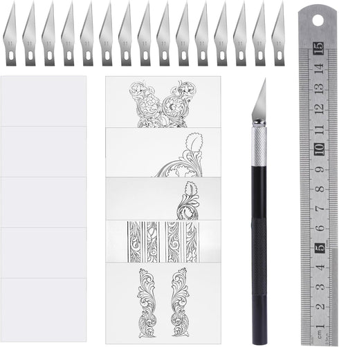 Craft Hobby Knife Exacto Knife with 15 Pcs Stainless Steel Blade Kit, 1pcs Steel 15CM Ruler and Carving Pattern Description Paper, hobby knife for...