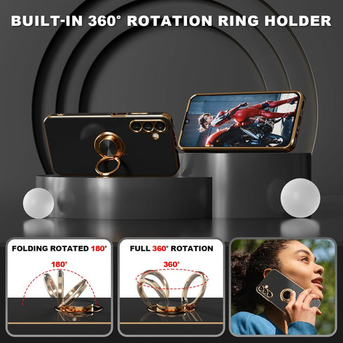for Galaxy A15 5G Phone Case,+Screen Protector,with Magnetic Kickstand,Built-in 360° Rotation Ring Holder,Plating Gold Edge Slim Soft TPU Shockpro...