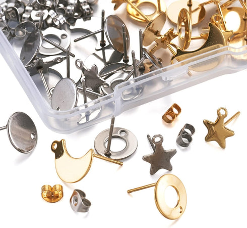 Pandahall 16 Pairs Stainless Steel Earring Making Kit with Ear Nuts 4 Shape Moon Ring Star Flat Round Stud Earring Findings with Hole for Jewelry ...