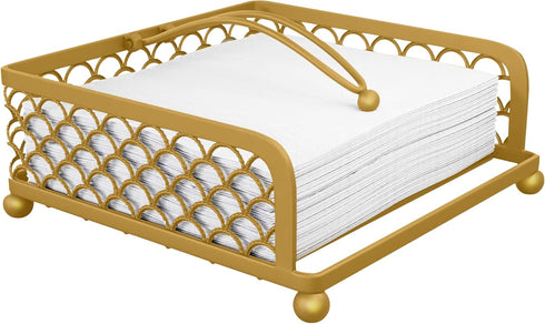 Elegant Flat Paper Napkin Holder with Dispenser Arm - Gold Napkin Holders for Table, Kitchen, Countertops & Outdoor Tables - Square Metal Lattice ...