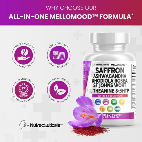 Clean Saffron Supplements with Ashwagandha 8000mg - Mood Support with L-Theanine 200mg, Ginkgo Biloba 6000mg, St. John's Wort 6000mg, Rhodiola Ros...