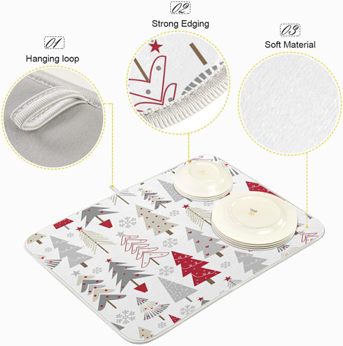 Nander Beautiful Christmas Tree Dish Drying Mat for Kitchen Counter, Absorbent Reversible Dish Draining Mat,Rack Pad for Countertop, 16 x 18 Inche...