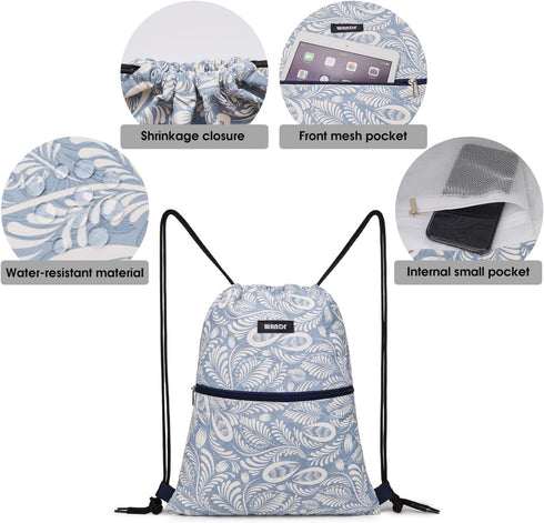 WANDF Drawstring Backpack String Bag Sackpack Cinch Water Resistant Nylon for Gym Shopping Sport Yoga (Light Blue Leaf with zipper)...