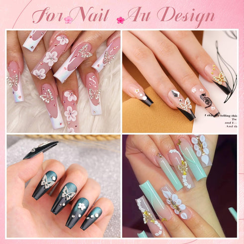 3D Nail Charms and Gems Set 1, 20PCS Gold and Silver Chunky Butterfly Nail Charms with Rhinestones, 3D Flowers for Nails, Flatback Crystals and Pe...