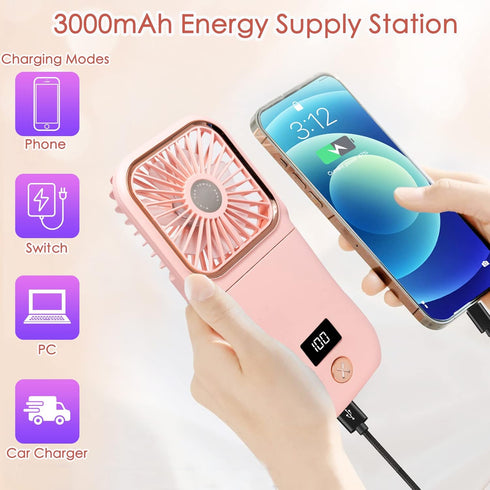 Portable Mini Fan, 3000mAh Battery Operated Fan, 3 Speeds Rechargeable Fan, Phone Bracket & Power B ank Function, Foldable Design, Power indicator...