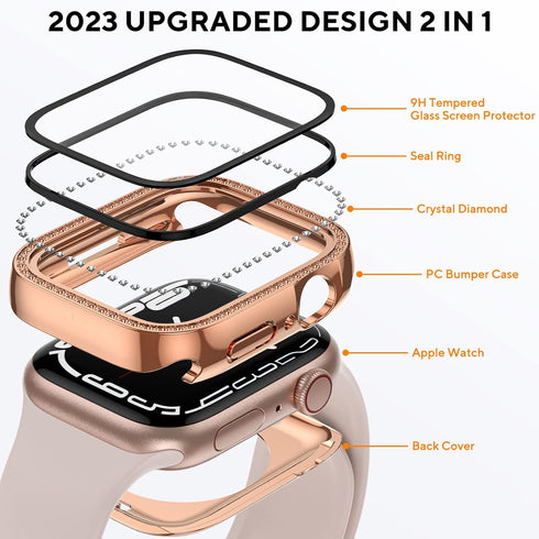 2 in 1 Bling Waterproof Case for Apple watch Series SE 6 5 4 44mm, 360 Protective PC Cover Front & Back Bumper with Tempered Glass Screen Protecto...