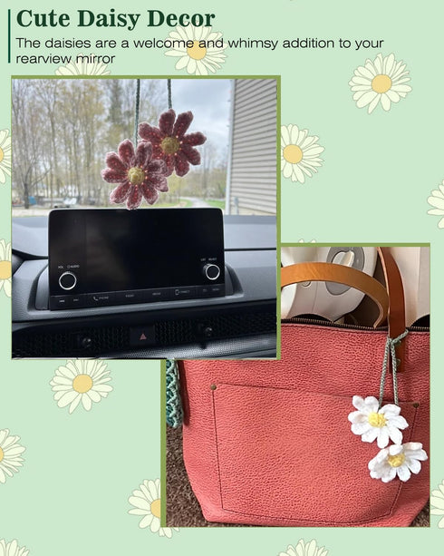 Crochet Daisy Car Accessories for Women Girls Cute Rear View Mirror Hanging Charms Handmade Daisy Flower Gifts for Crochet Lovers Car Decor Automo...