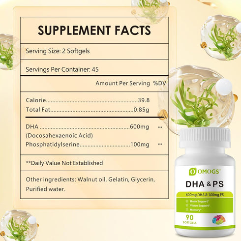 DHA & Omega Softgels for Adults, with Phosphatidylserine, Walnut Oil & Omega-3, Supports Healthy Brain Function, Vision and Memory, Gluten Free, N...