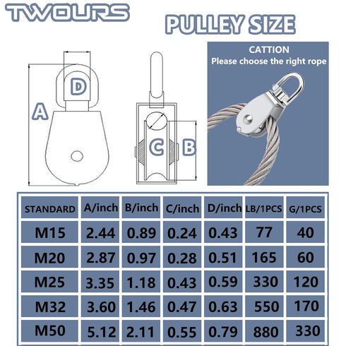 Pulley 304 Stainless Steel Single Pulley Block M20 Small Heavy Duty Swivel Bearing Pulley System for Rigging, Lifting, Cargo Transportation,Gym Eq...