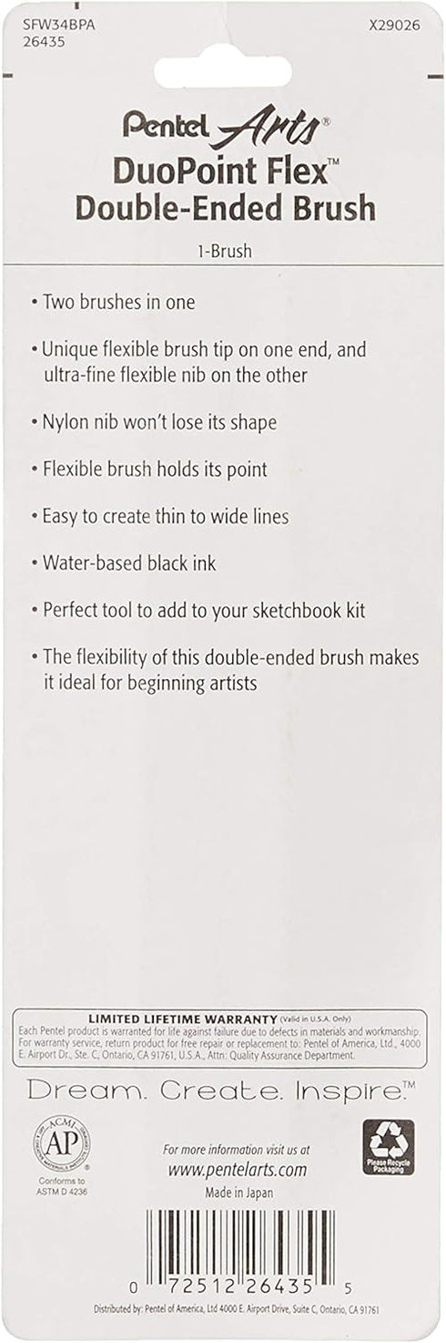 Pentel Arts Duo Point Flex Double Ended Brush, Black Ink, 1-Pack Carded (SFW34BPA)...