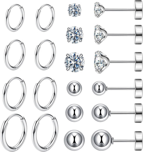 10 Pairs Surgical Steel Earrings Sets for Multiple Piercing, Lightweight Small Huggie Hoop Earrings, Flat Back Tiny Ball CZ Stud Earrings for Cart...