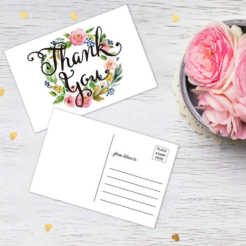 50 Thank You Postcards-Blank Thank You Note Card, Floral Watercolor Calligraphy Note Card Stationery for Wedding, Bridesmaid, Bridal or Baby Showe...