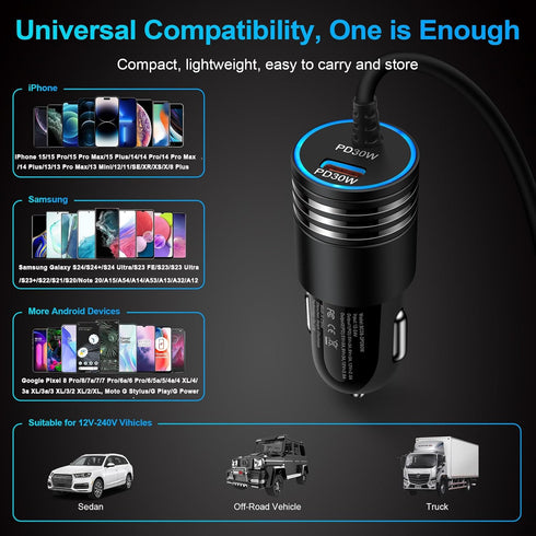 60W Super Fast Charging Android Car Charger Type C Rapid Samsung Car Charger with 3ft Built-in USB C Cable for Samsung Galaxy S24 Ultra S23 FE S22...