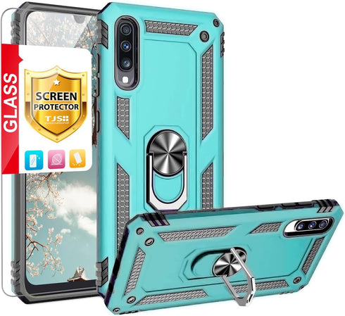TJS Compatible with Samsung Galaxy A50 2019 Case, with Tempered Glass Screen Protector Metal Ring Magnetic Support Kickstand Heavy Duty Drop Prote...