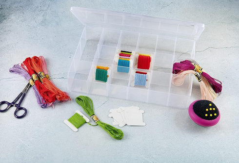 Embroidery Floss Organizer Box with 50 Cardboard Bobbins - 17 Compartments Clear embroidery thread organizer box, Snap-Tight Clear Sewing Organize...