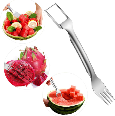 2 in 1 Watermelon Slicer Cutter,Stainless Steel Watermelon Fork Slicer,Dual Head Slicer and Fork Fruit Cutting Tool Watermelon Knife for Family Pi...