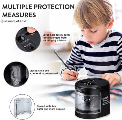 Eagle Electric Pencil Sharpener, Battery or USB Operated, Dual Holes, Dual Blades, fit for Pencils of Size 6-8mm and 9-12mm (Black)...